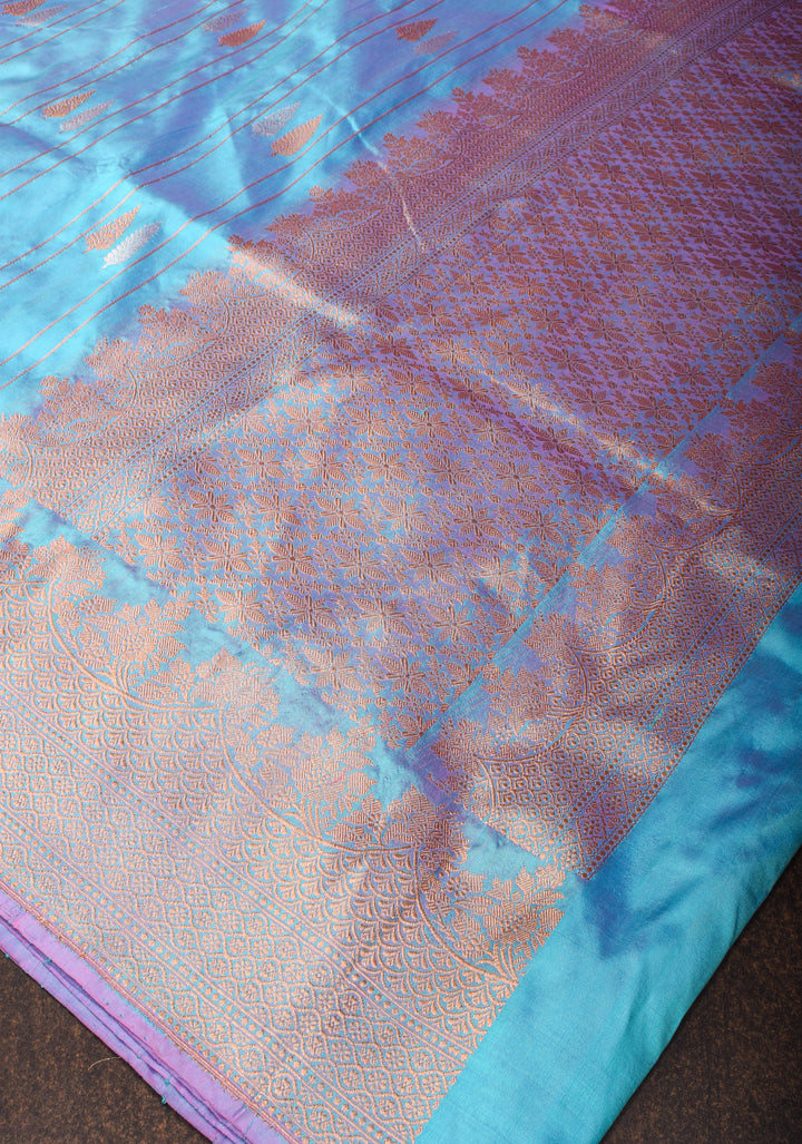 Blue Dual Tone Katan Silk Saree with sona rupa Buttas and Zari Border | SILK MARK CERTIFIED