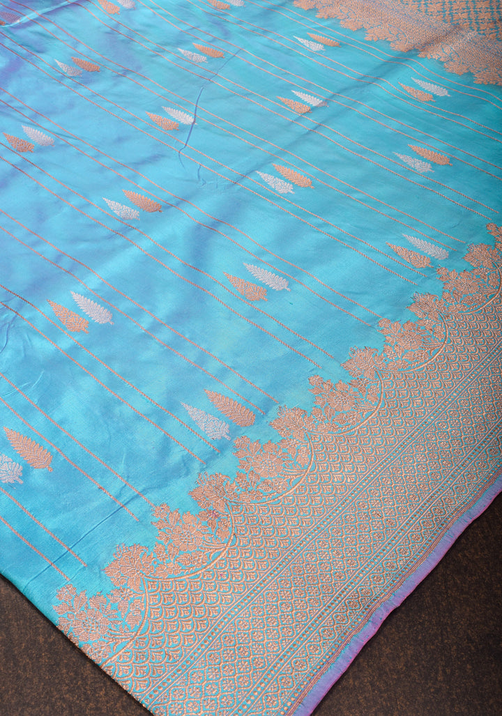 Blue Dual Tone Katan Silk Saree with sona rupa Buttas and Zari Border | SILK MARK CERTIFIED