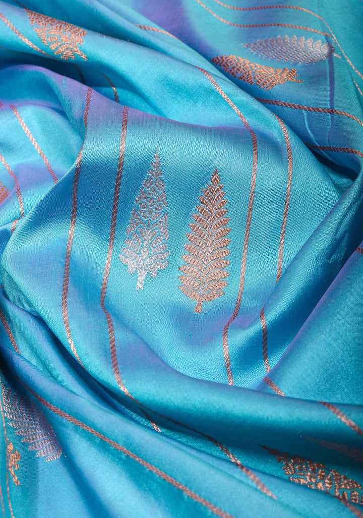 Blue Dual Tone Katan Silk Saree with sona rupa Buttas and Zari Border | SILK MARK CERTIFIED