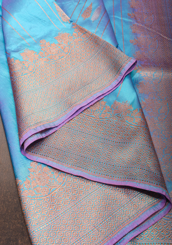 Blue Dual Tone Katan Silk Saree with sona rupa Buttas and Zari Border | SILK MARK CERTIFIED