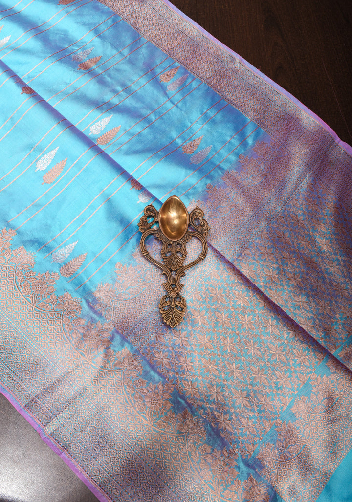 Blue Dual Tone Katan Silk Saree with sona rupa Buttas and Zari Border | SILK MARK CERTIFIED