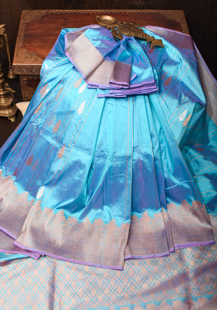 Blue Dual Tone Katan Silk Saree with sona rupa Buttas and Zari Border | SILK MARK CERTIFIED