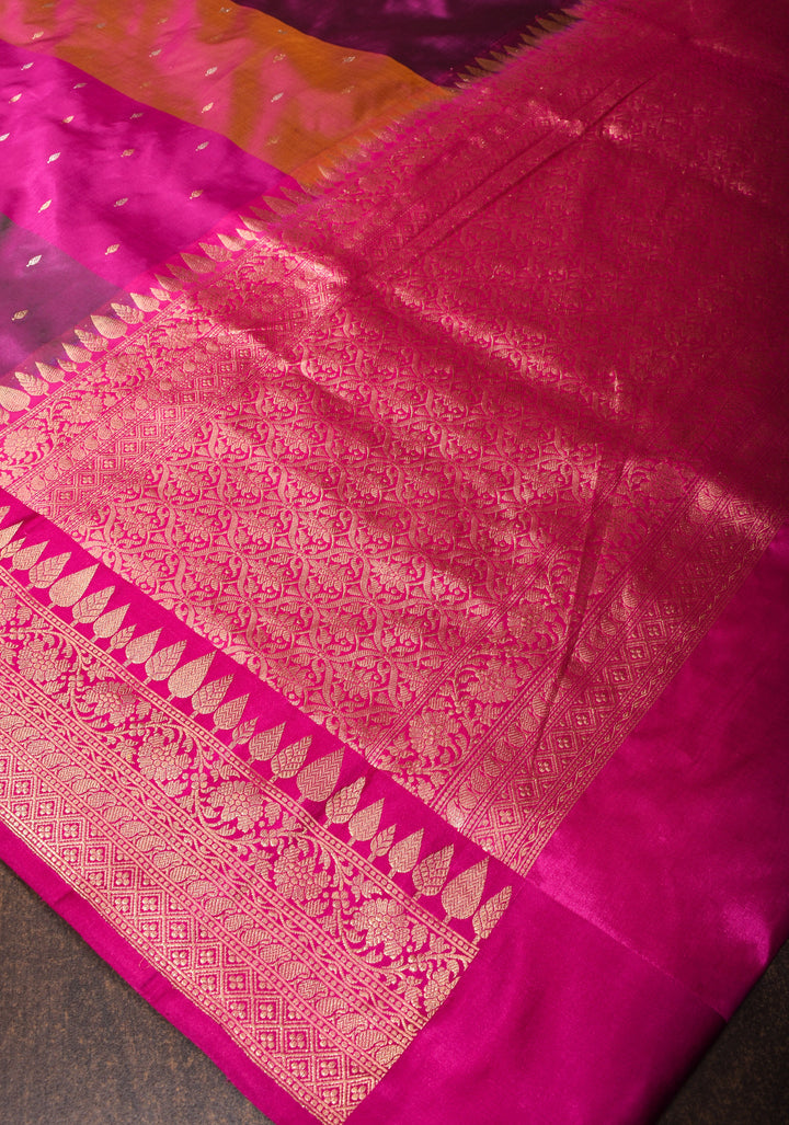 Magenta Pure Banarasi Katan Silk Saree with Multicolor Stripes and Contrast Zari Border | SILK MARK CERTIFIED