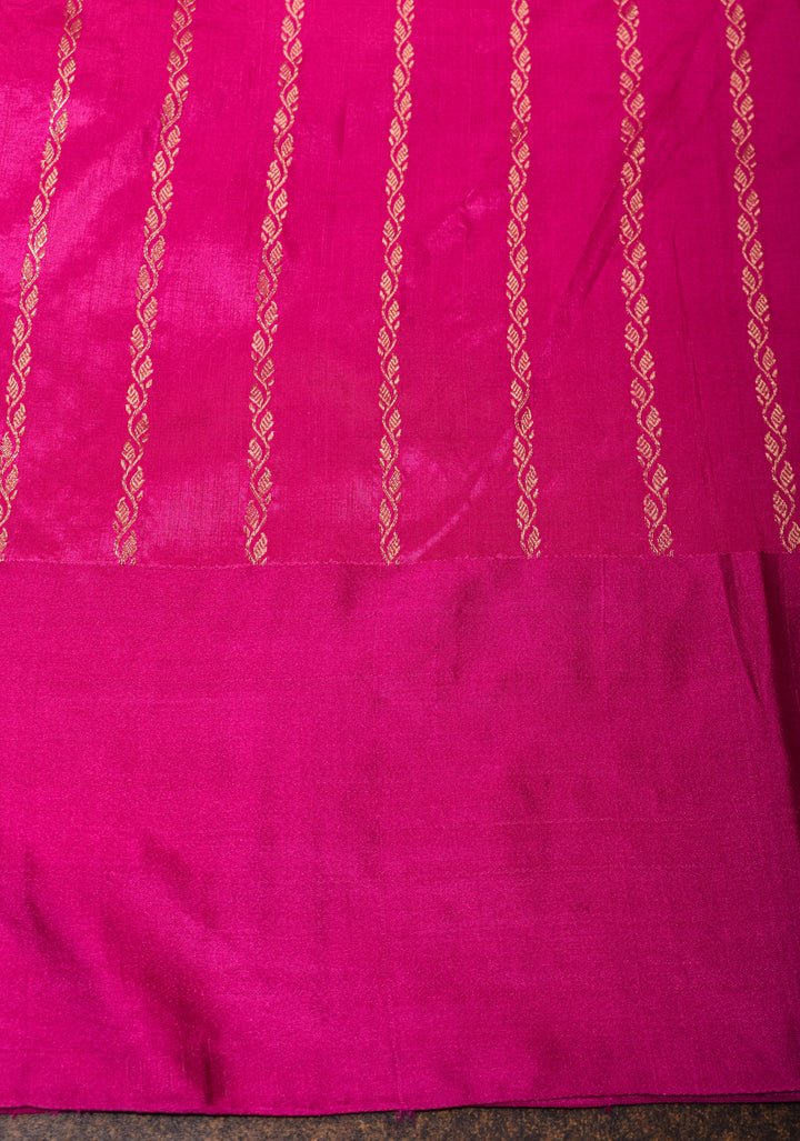 Magenta Pure Banarasi Katan Silk Saree with Multicolor Stripes and Contrast Zari Border | SILK MARK CERTIFIED
