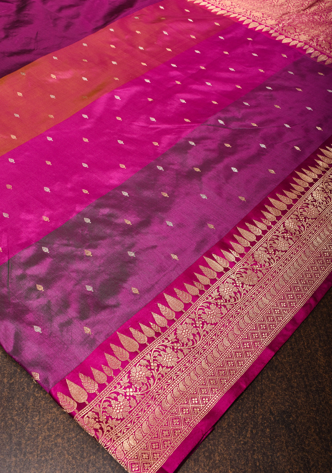 Magenta Pure Banarasi Katan Silk Saree with Multicolor Stripes and Contrast Zari Border | SILK MARK CERTIFIED