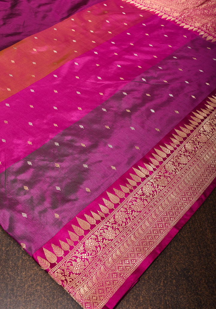 Magenta Pure Banarasi Katan Silk Saree with Multicolor Stripes and Contrast Zari Border | SILK MARK CERTIFIED