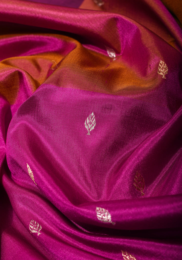 Magenta Pure Banarasi Katan Silk Saree with Multicolor Stripes and Contrast Zari Border | SILK MARK CERTIFIED
