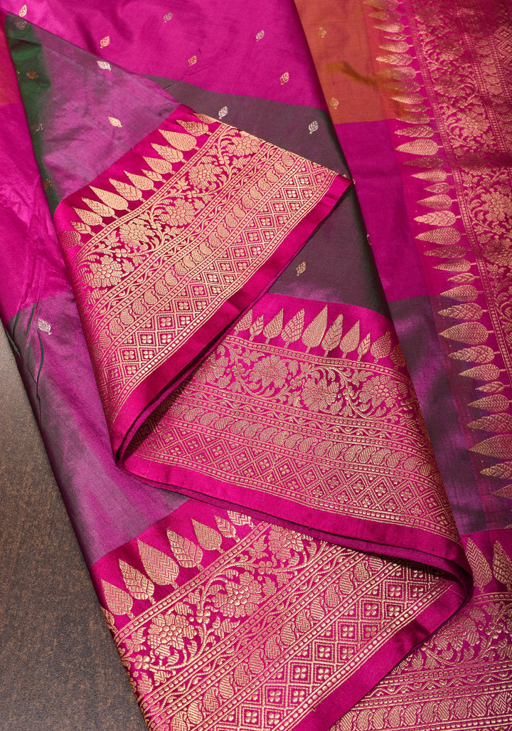 Magenta Pure Banarasi Katan Silk Saree with Multicolor Stripes and Contrast Zari Border | SILK MARK CERTIFIED