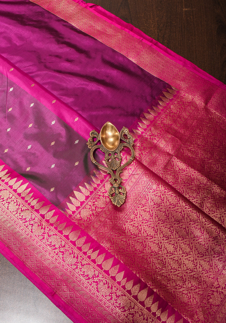 Magenta Pure Banarasi Katan Silk Saree with Multicolor Stripes and Contrast Zari Border | SILK MARK CERTIFIED