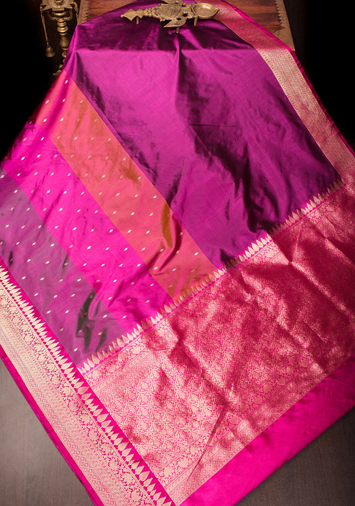 Magenta Pure Banarasi Katan Silk Saree with Multicolor Stripes and Contrast Zari Border | SILK MARK CERTIFIED