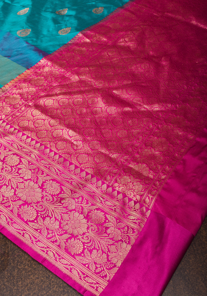 Cyan Pure Banarasi Katan Silk Saree with Multicolor Stripes and Contrast Zari Border | SILK MARK CERTIFIED