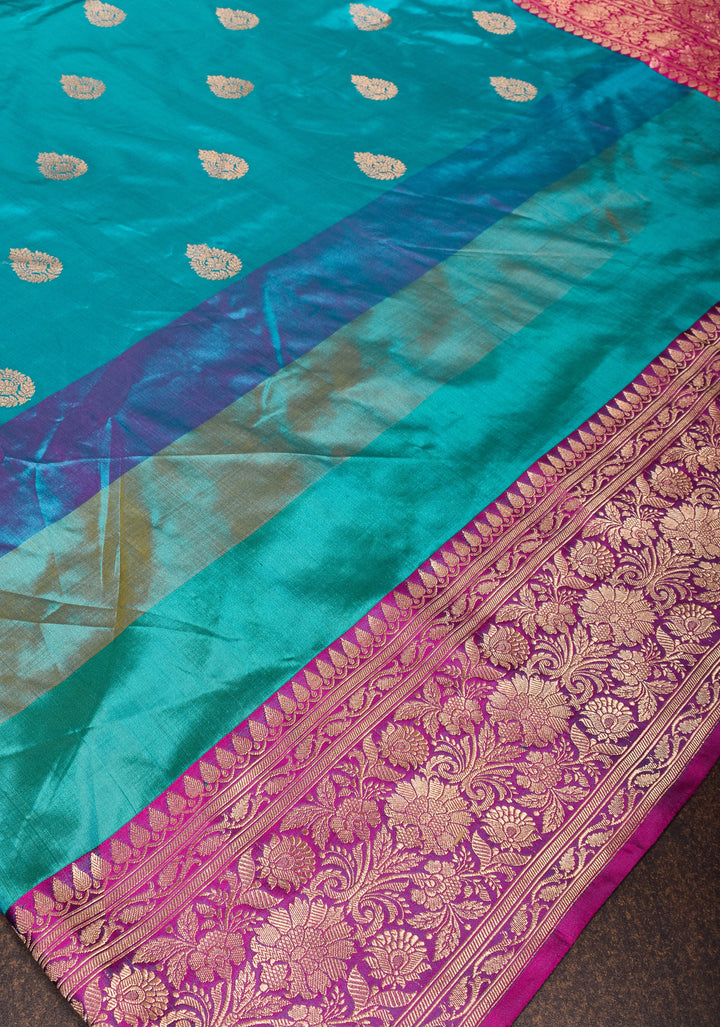 Cyan Pure Banarasi Katan Silk Saree with Multicolor Stripes and Contrast Zari Border | SILK MARK CERTIFIED