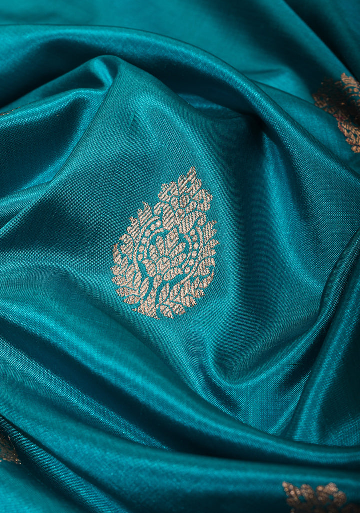 Cyan Pure Banarasi Katan Silk Saree with Multicolor Stripes and Contrast Zari Border | SILK MARK CERTIFIED