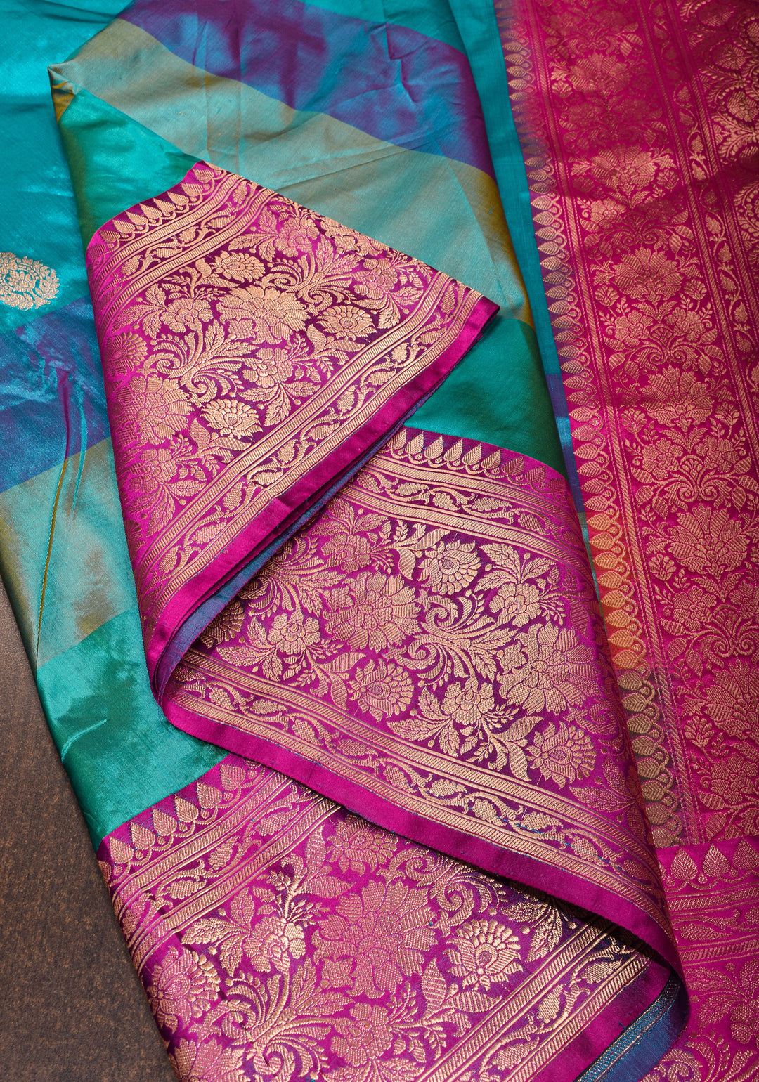 Cyan Pure Banarasi Katan Silk Saree with Multicolor Stripes and Contrast Zari Border | SILK MARK CERTIFIED