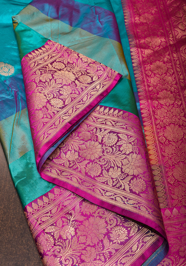 Cyan Pure Banarasi Katan Silk Saree with Multicolor Stripes and Contrast Zari Border | SILK MARK CERTIFIED