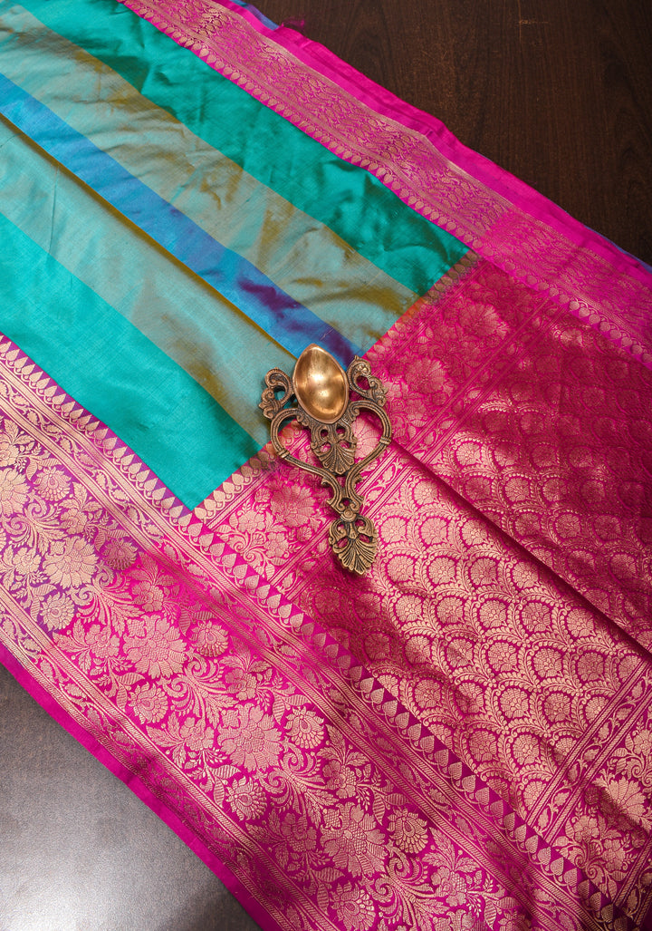 Cyan Pure Banarasi Katan Silk Saree with Multicolor Stripes and Contrast Zari Border | SILK MARK CERTIFIED