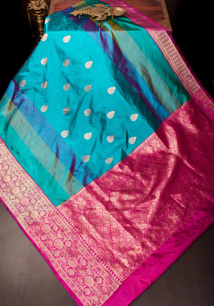 Cyan Pure Banarasi Katan Silk Saree with Multicolor Stripes and Contrast Zari Border | SILK MARK CERTIFIED