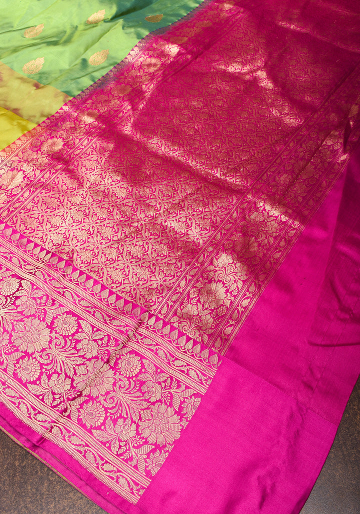 Lime Green Pure Banarasi Katan Silk Saree with Multicolor Stripes and Contrast Zari Border | SILK MARK CERTIFIED