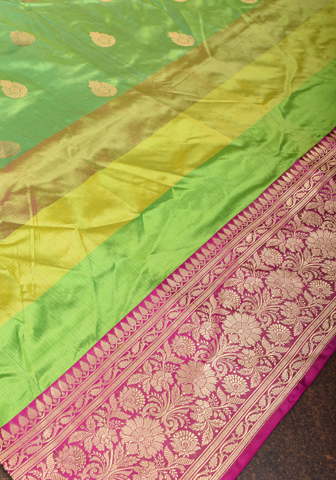 Lime Green Pure Banarasi Katan Silk Saree with Multicolor Stripes and Contrast Zari Border | SILK MARK CERTIFIED
