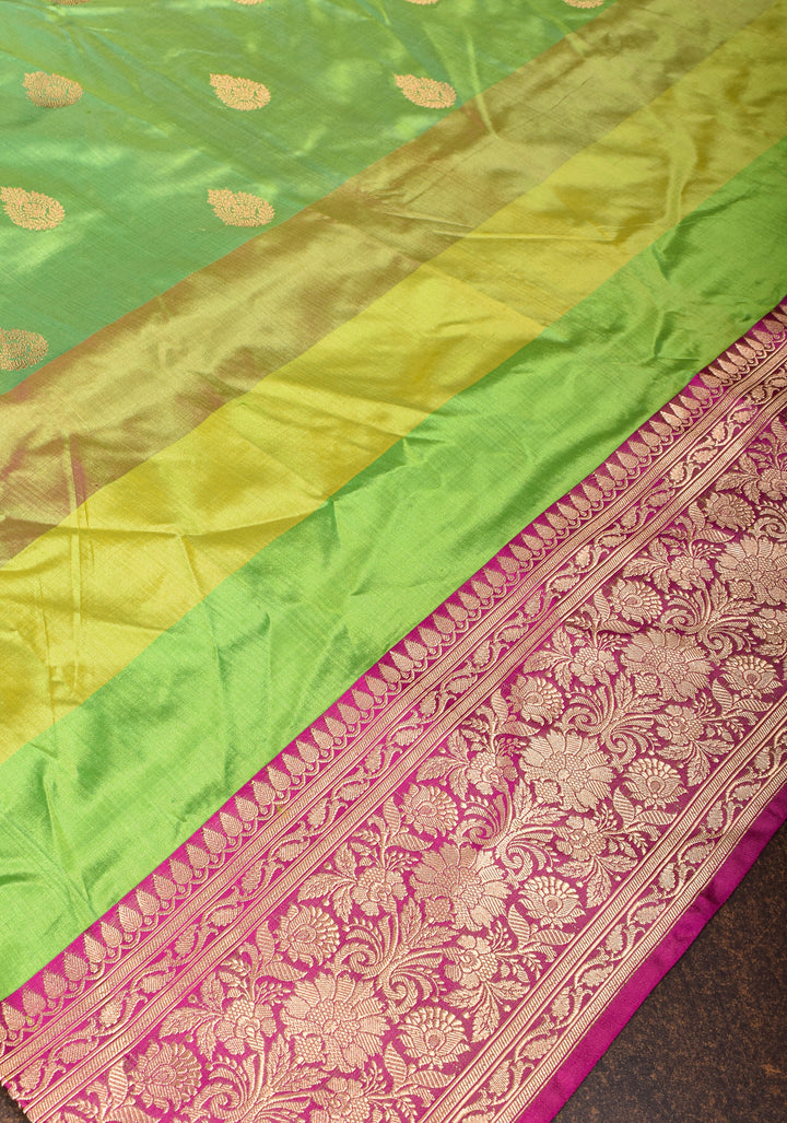 Lime Green Pure Banarasi Katan Silk Saree with Multicolor Stripes and Contrast Zari Border | SILK MARK CERTIFIED