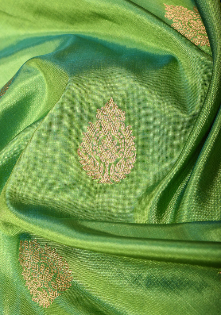 Lime Green Pure Banarasi Katan Silk Saree with Multicolor Stripes and Contrast Zari Border | SILK MARK CERTIFIED