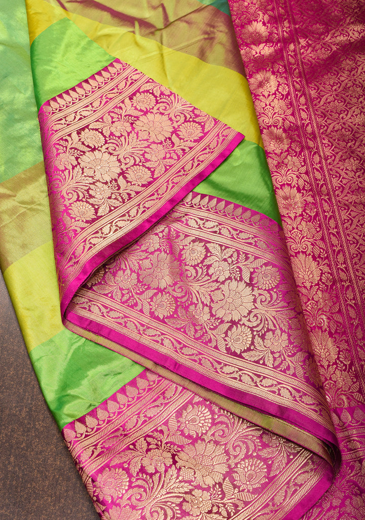 Lime Green Pure Banarasi Katan Silk Saree with Multicolor Stripes and Contrast Zari Border | SILK MARK CERTIFIED
