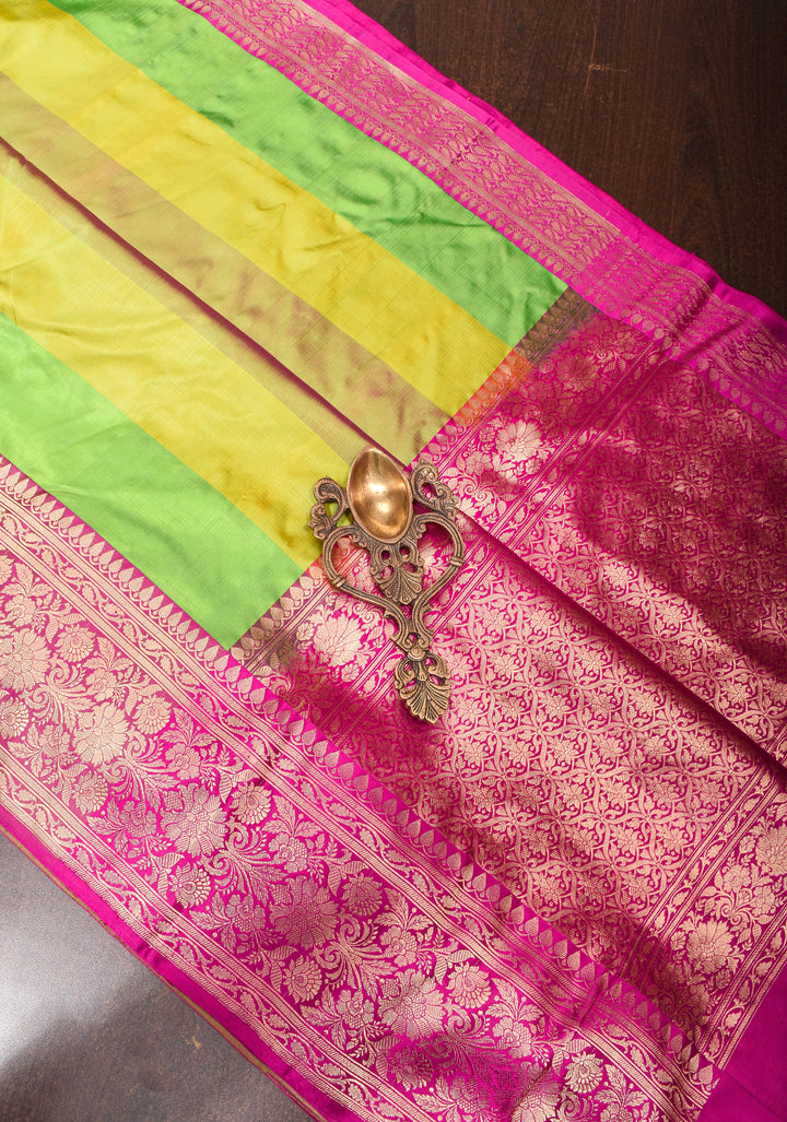 Lime Green Pure Banarasi Katan Silk Saree with Multicolor Stripes and Contrast Zari Border | SILK MARK CERTIFIED