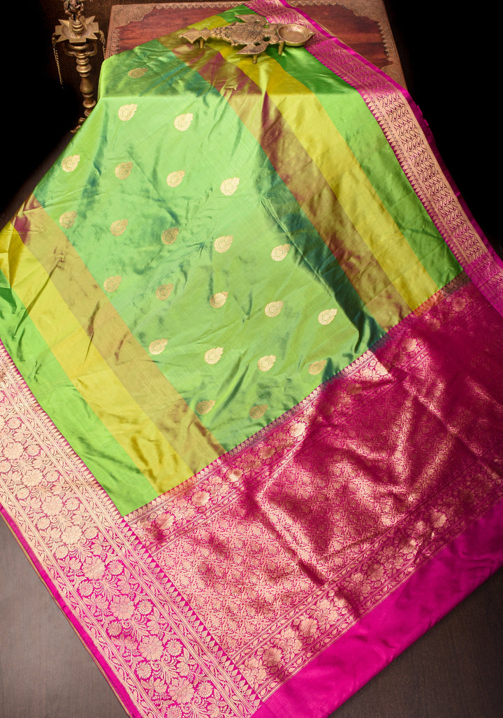 Lime Green Pure Banarasi Katan Silk Saree with Multicolor Stripes and Contrast Zari Border | SILK MARK CERTIFIED