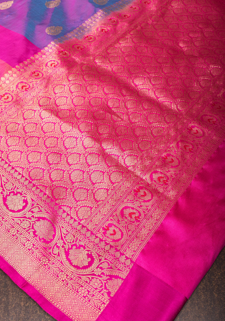 Purple Dual tone Pure Banarasi Katan Silk Saree with Multicolor Panel Zari Border | SILK MARK CERTIFIED