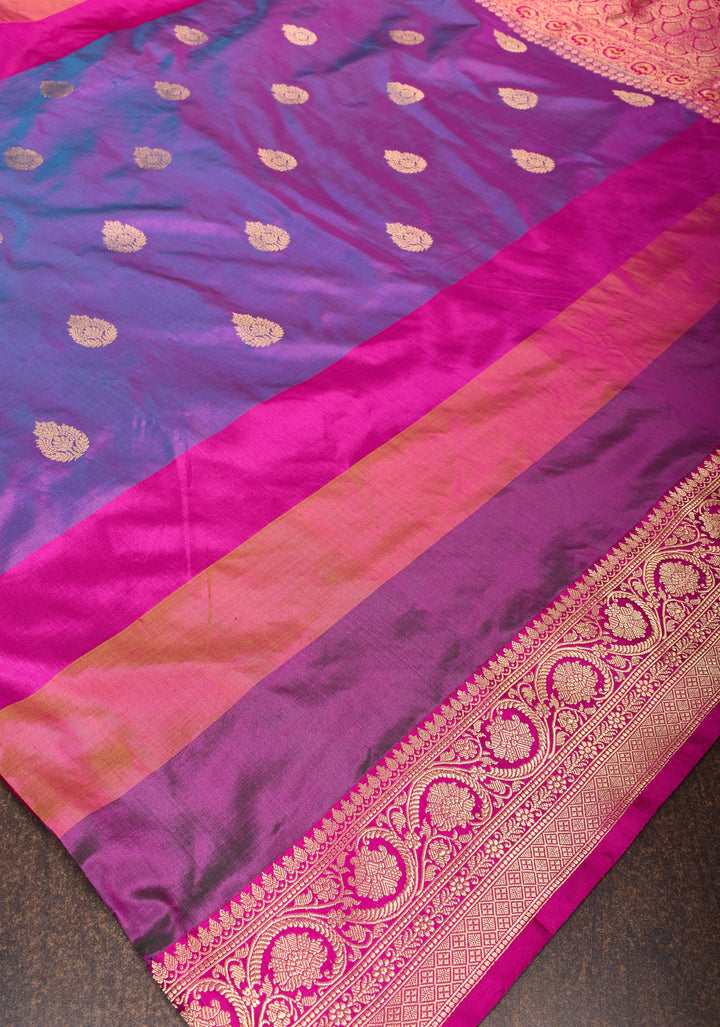 Purple Dual tone Pure Banarasi Katan Silk Saree with Multicolor Panel Zari Border | SILK MARK CERTIFIED