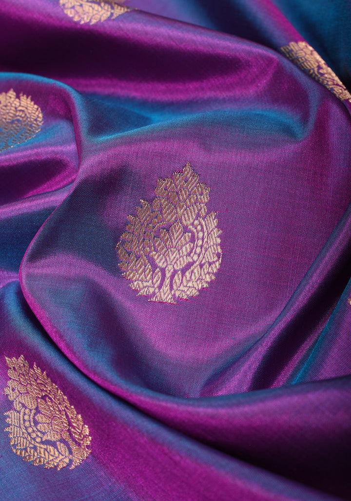 Purple Dual tone Pure Banarasi Katan Silk Saree with Multicolor Panel Zari Border | SILK MARK CERTIFIED