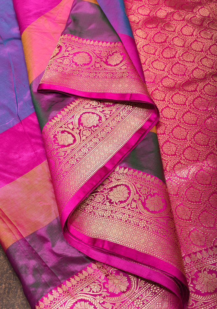 Purple Dual tone Pure Banarasi Katan Silk Saree with Multicolor Panel Zari Border | SILK MARK CERTIFIED