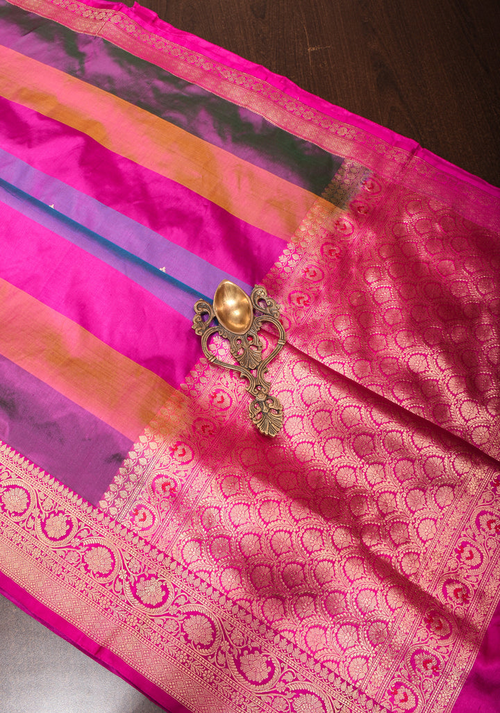 Purple Dual tone Pure Banarasi Katan Silk Saree with Multicolor Panel Zari Border | SILK MARK CERTIFIED