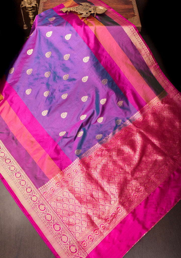 Purple Dual tone Pure Banarasi Katan Silk Saree with Multicolor Panel Zari Border | SILK MARK CERTIFIED