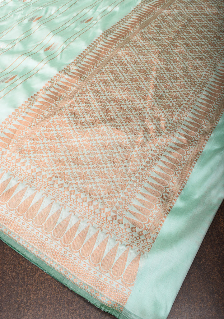 Mint Green Banarasi Katan Silk Saree with Zari Stripes, Buttas and Zari Border | SILK MARK CERTIFIED