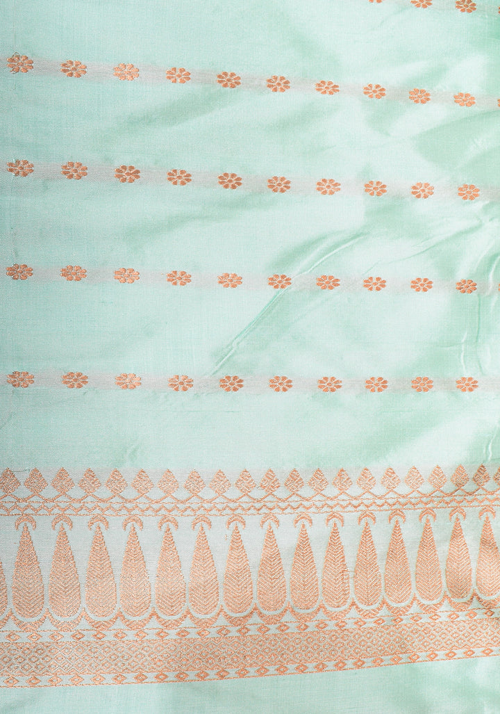 Mint Green Banarasi Katan Silk Saree with Zari Stripes, Buttas and Zari Border | SILK MARK CERTIFIED