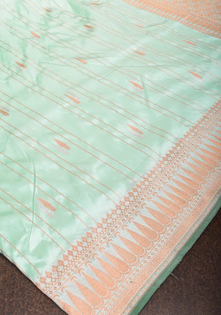 Mint Green Banarasi Katan Silk Saree with Zari Stripes, Buttas and Zari Border | SILK MARK CERTIFIED