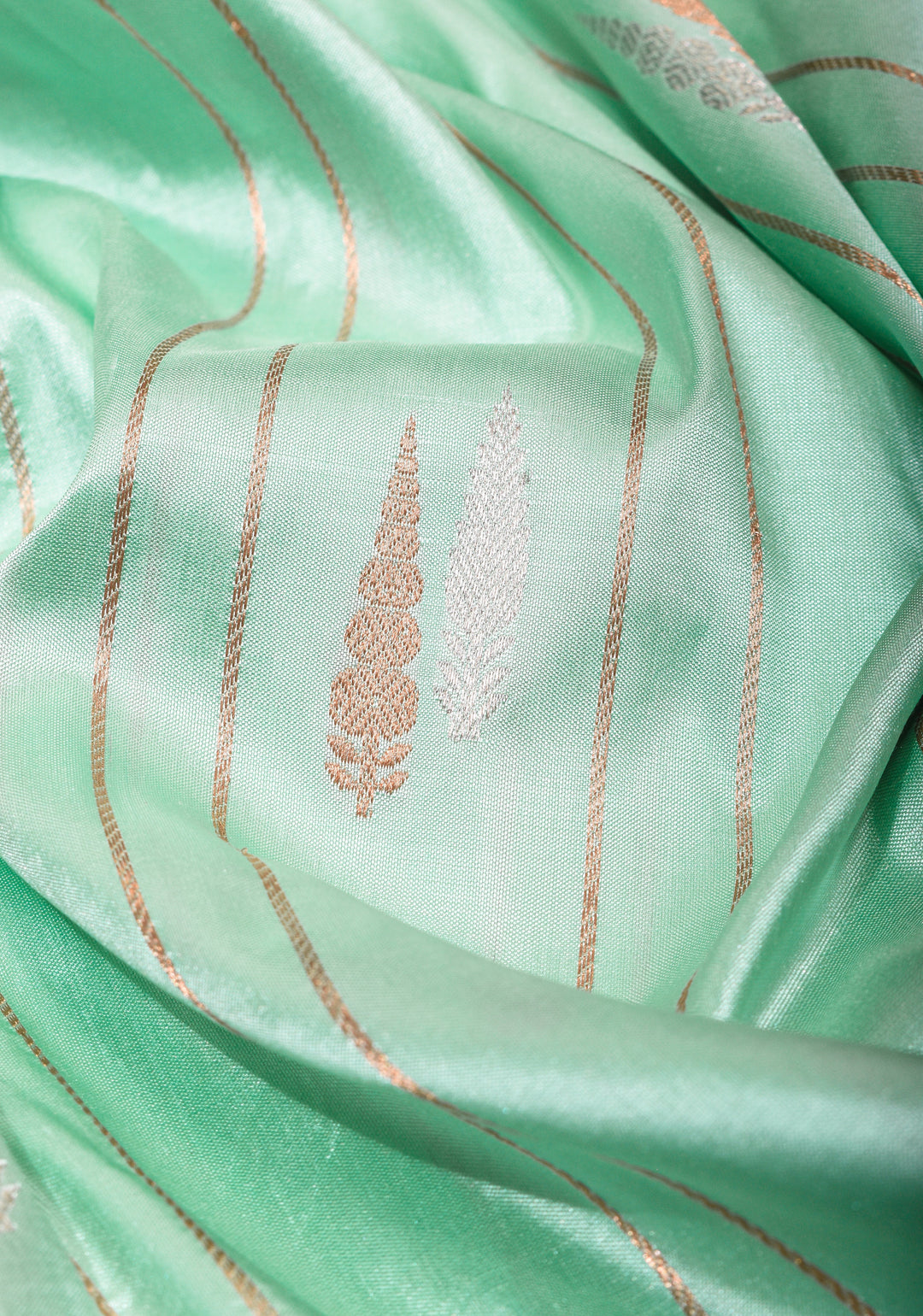 Mint Green Banarasi Katan Silk Saree with Zari Stripes, Buttas and Zari Border | SILK MARK CERTIFIED