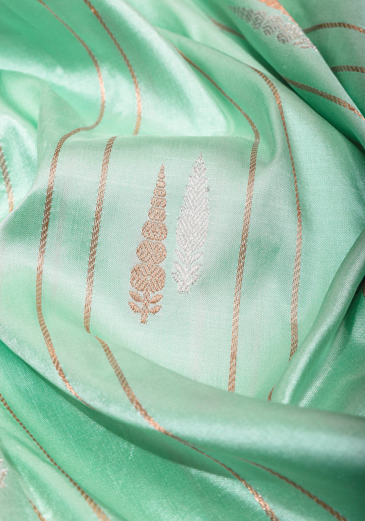 Mint Green Banarasi Katan Silk Saree with Zari Stripes, Buttas and Zari Border | SILK MARK CERTIFIED