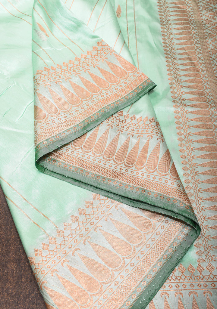 Mint Green Banarasi Katan Silk Saree with Zari Stripes, Buttas and Zari Border | SILK MARK CERTIFIED