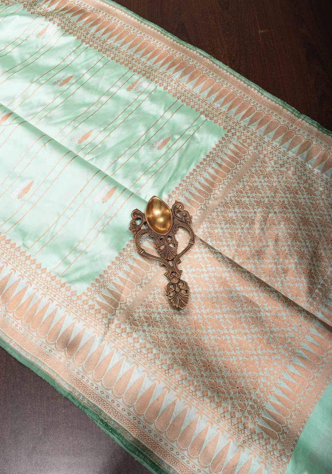 Mint Green Banarasi Katan Silk Saree with Zari Stripes, Buttas and Zari Border | SILK MARK CERTIFIED