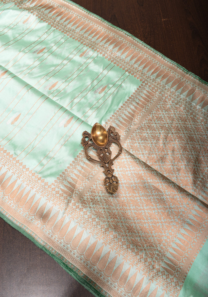 Mint Green Banarasi Katan Silk Saree with Zari Stripes, Buttas and Zari Border | SILK MARK CERTIFIED