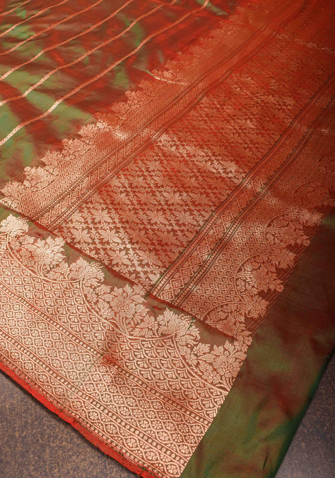 Green Dual tone Banarasi Katan Silk with Vertical Zari Stripes and Zari Border | SILK MARK CERTIFIED