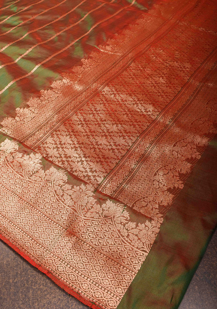 Green Dual tone Banarasi Katan Silk with Vertical Zari Stripes and Zari Border | SILK MARK CERTIFIED