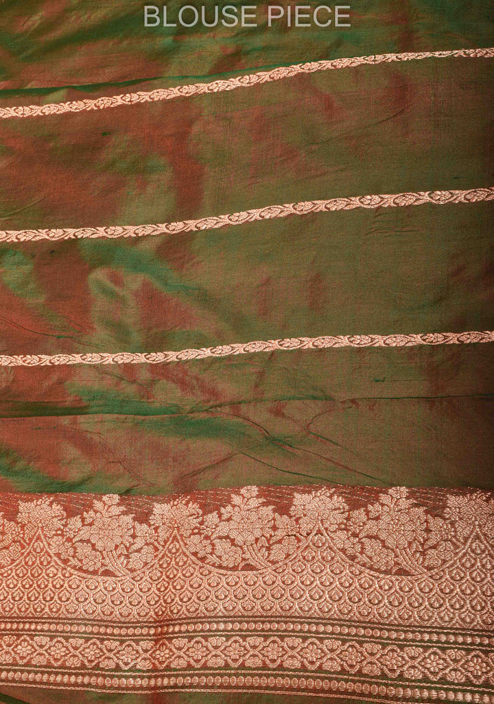 Green Dual tone Banarasi Katan Silk with Vertical Zari Stripes and Zari Border | SILK MARK CERTIFIED