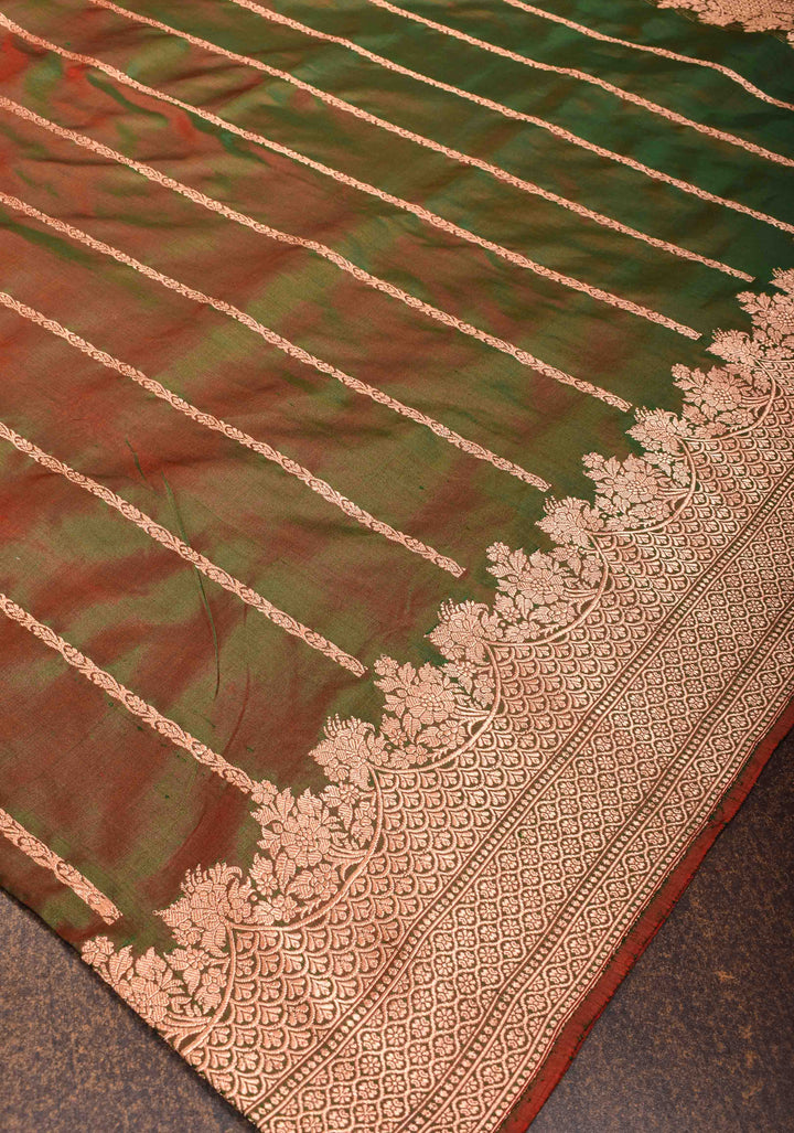 Green Dual tone Banarasi Katan Silk with Vertical Zari Stripes and Zari Border | SILK MARK CERTIFIED
