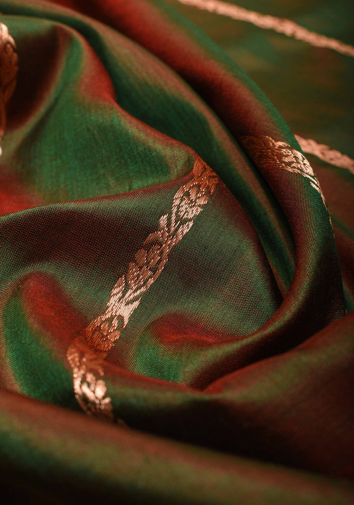 Green Dual tone Banarasi Katan Silk with Vertical Zari Stripes and Zari Border | SILK MARK CERTIFIED