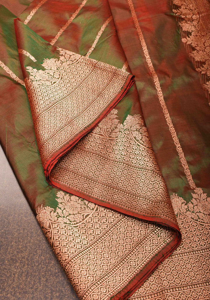Green Dual tone Banarasi Katan Silk with Vertical Zari Stripes and Zari Border | SILK MARK CERTIFIED