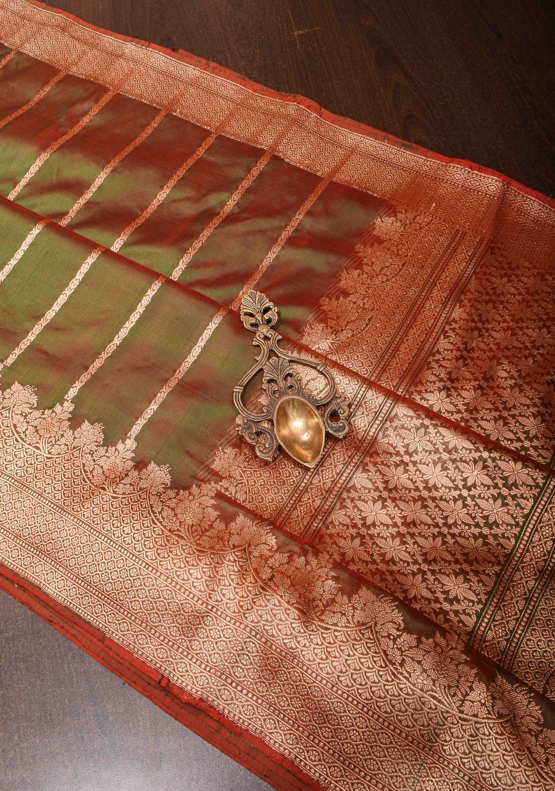 Green Dual tone Banarasi Katan Silk with Vertical Zari Stripes and Zari Border | SILK MARK CERTIFIED