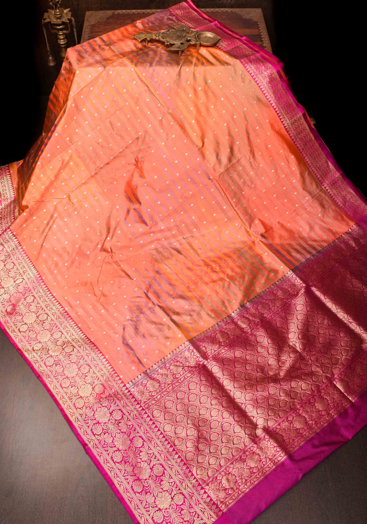 Peach Orange Banarasi Katan Silk Saree with Ombre Stripes, Sona Rupa Chunri Butis and Zari Border | SILK MARK CERTIFIED